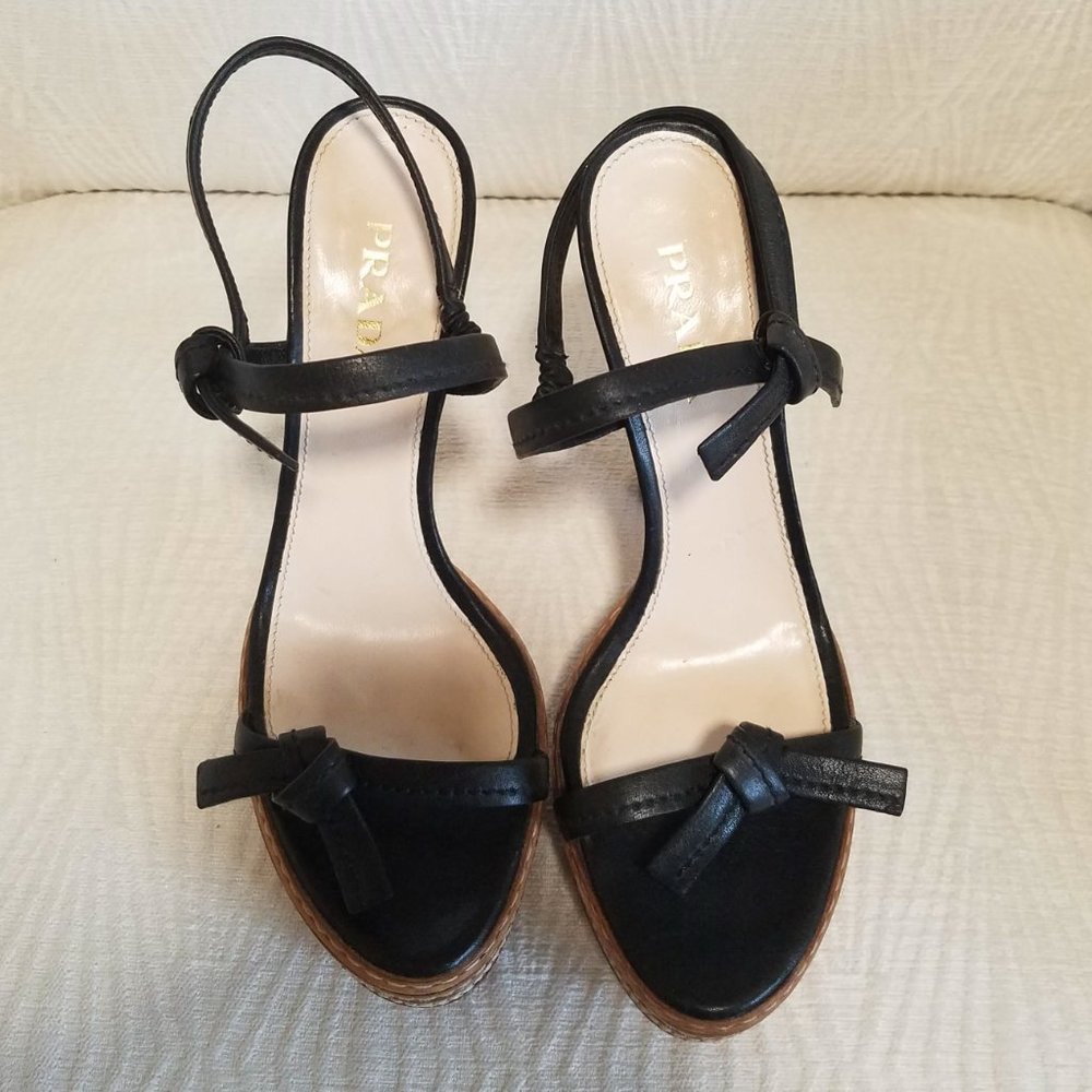 Prada Vintage 2009 Black Leather Whipstich High Heel Platform Sandals Sz 39.5/ 9 - Picture 6 of 8